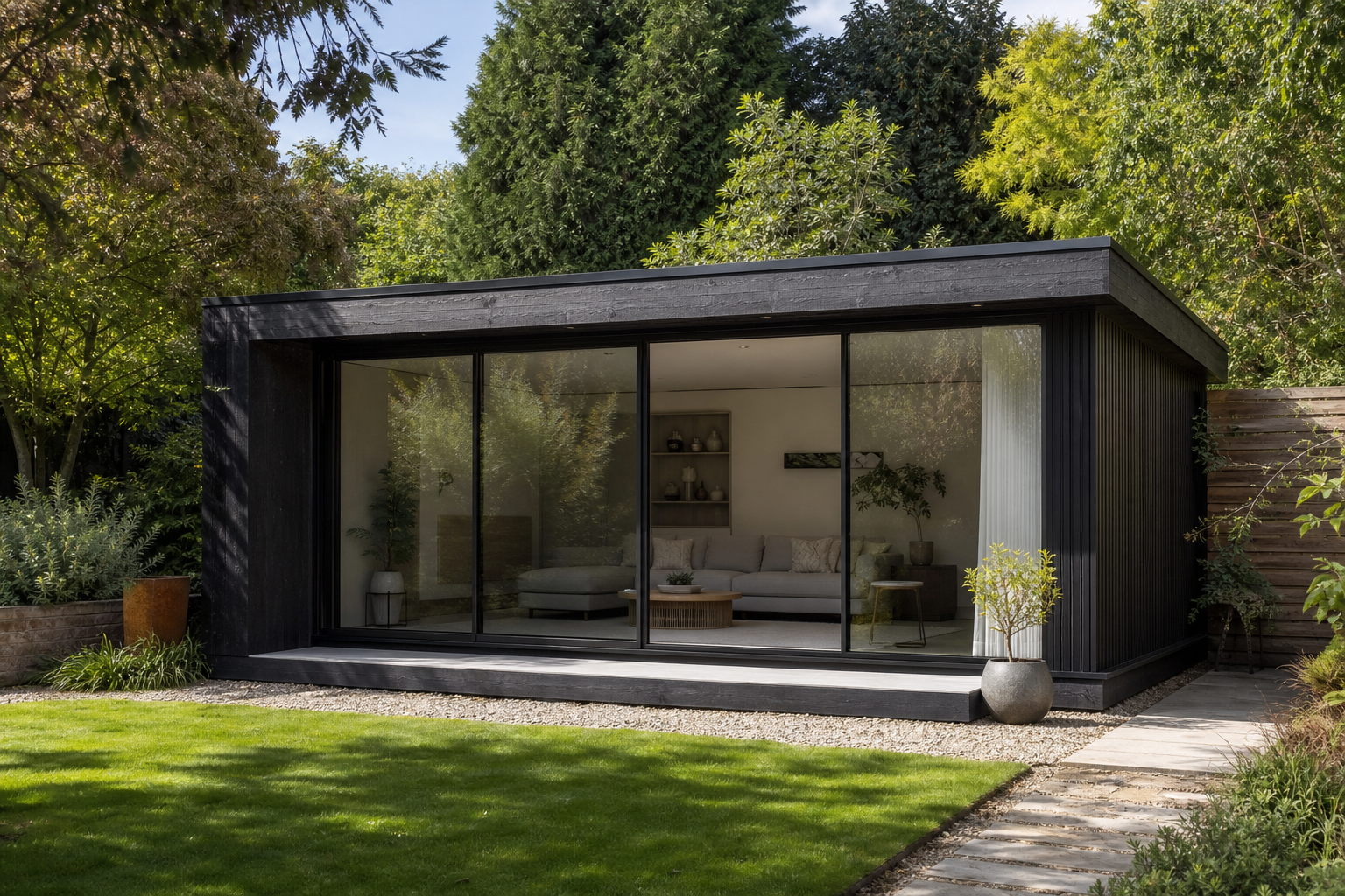 Contemporary cedar-clad garden room with floor-to-ceiling glazing in Welwyn Garden City