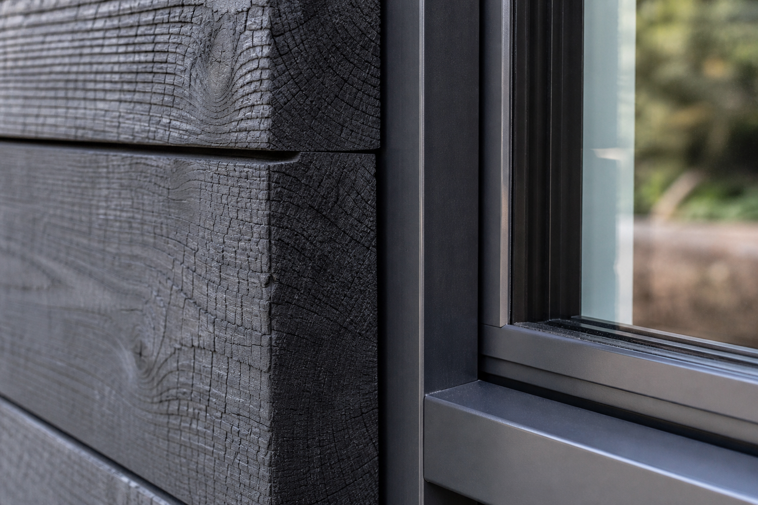 Close detail of charred timber cladding grain and aluminium glazing frame