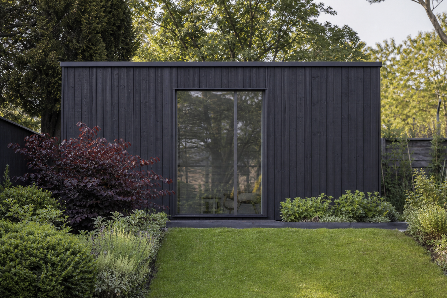 Opposite elevation showing garden room set within mature planting