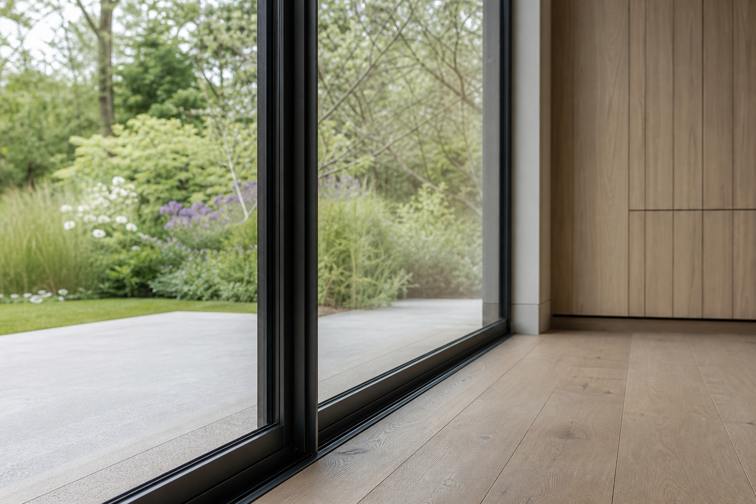Floor-to-ceiling glazing detail with garden views beyond
